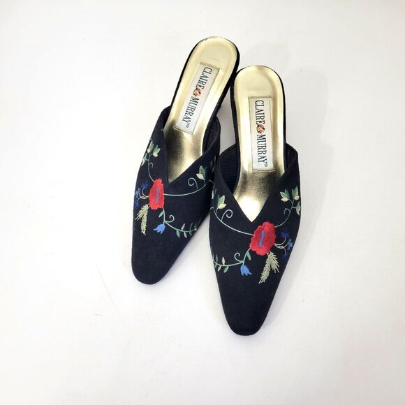 Claire Murray Provence Floral Embroidered Floral Black Mules Heels Women's Shoe - Picture 3 of 7